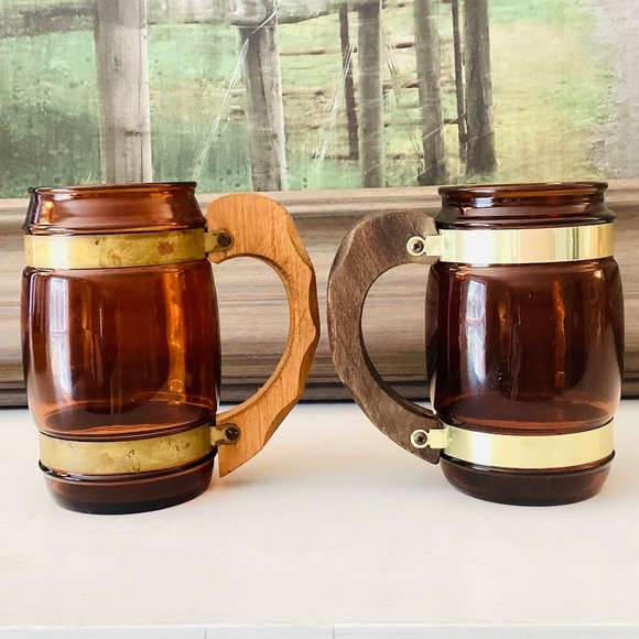2 Vintage Siesta Ware Amber Glass Wood Handle Collectible Coffee Mug, Beer 12 oz - Picture 8 of 8